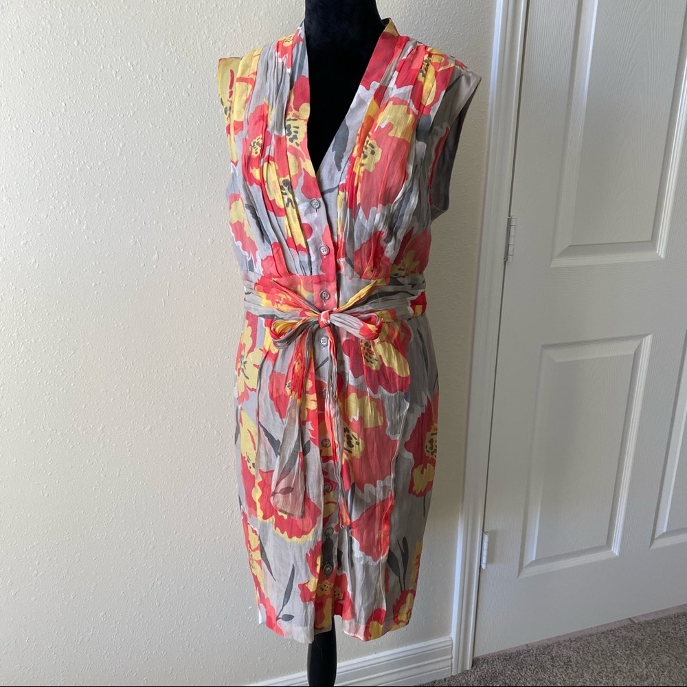 Evan Picone Floral Mini Dress Cap sleeve Button Down belted V Neck Summer Spring - Picture 12 of 15